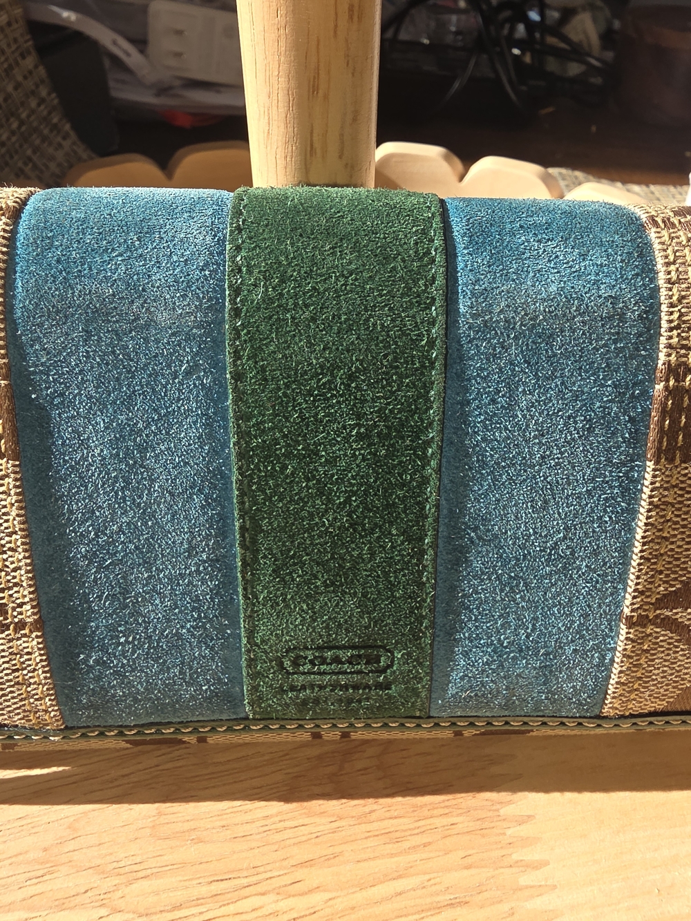 Coach Signature Canvas Bifold Long Wallet in Khaki with Teal & Green Suede - Picture 2 of 11